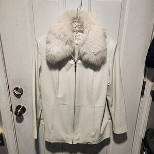 Preston and York Womens Large White Leather Jacket with Real Fox Fur Trim